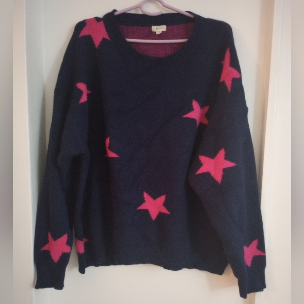 Debut Dark Blue Crewneck Pullover Sweater with Pink Stars Print Size 1XL